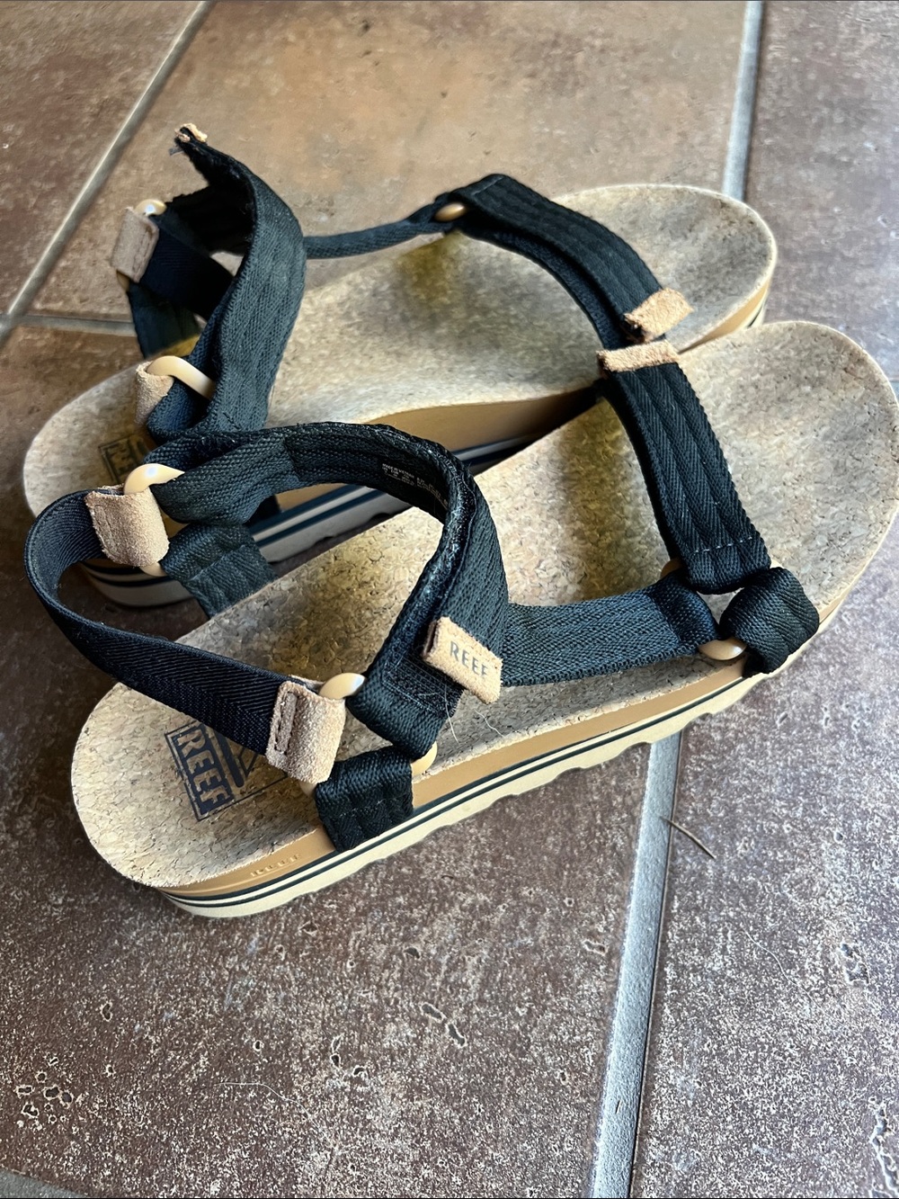 Reef Black Strappy Sandals with Cork-Style Footbed